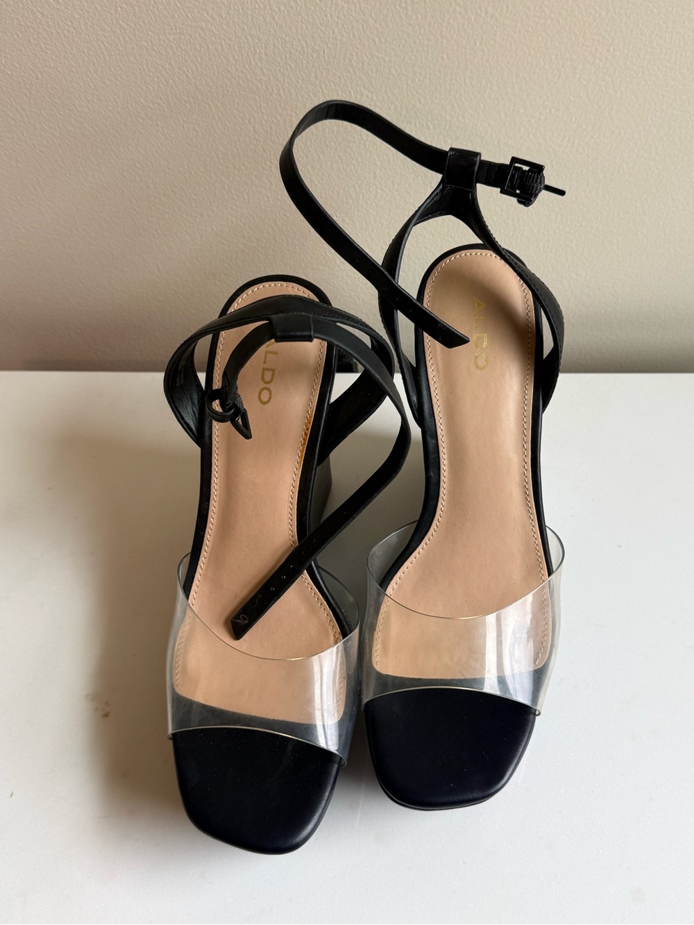 Aldo Black Sandal with Clear Toe Band - Block Heel